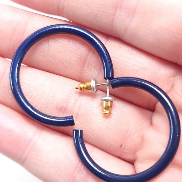 Navy Blue Open Hoop Earrings, Minimalist Modern Fashion Jewelry for Women - Picture 9 of 10